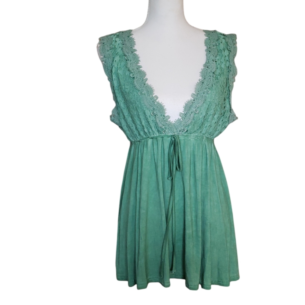 L Babydoll Shamrock Seafoam Green Lace Tank Top Flowy Fairy Beach Boho Hippie